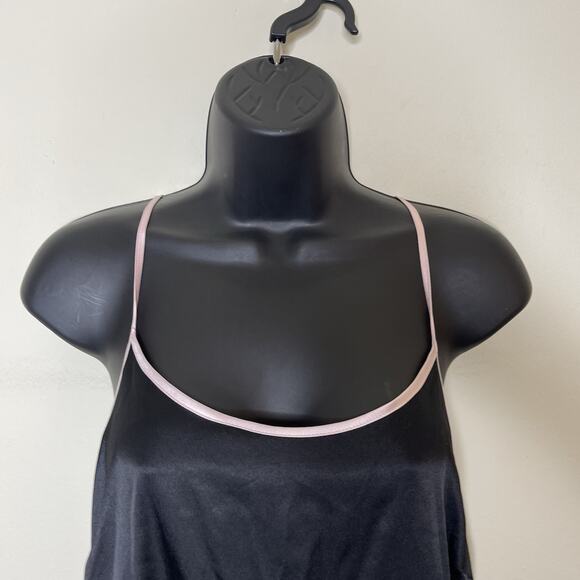 VICTORIA'S SECRET Black Shiny Satin Pink Trim Racer Back Tank Slip‎ Top Sz M NEW - Picture 2 of 9